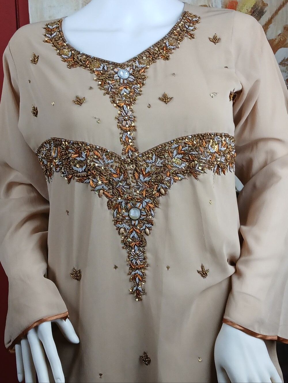 Embellished Beige Women's Top with Beaded Detail
